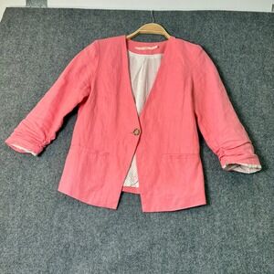 Gibson Linen‎ Blend Blazer Ruched 3/4 Sleeve Button Front Coral Medium